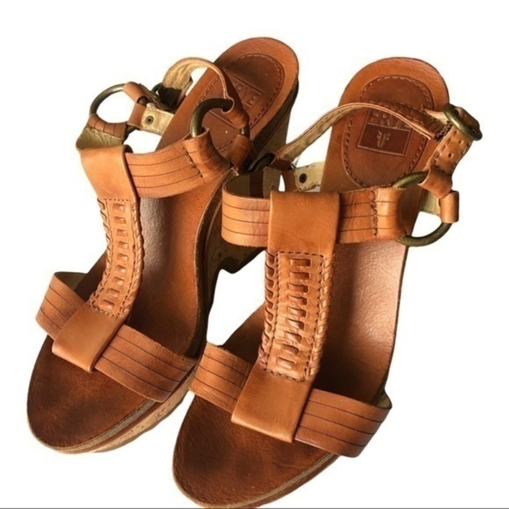 Frye Brown Leather Braylin Artisanal T Strap Cork Wedge Sandals Size 7M - Picture 2 of 9